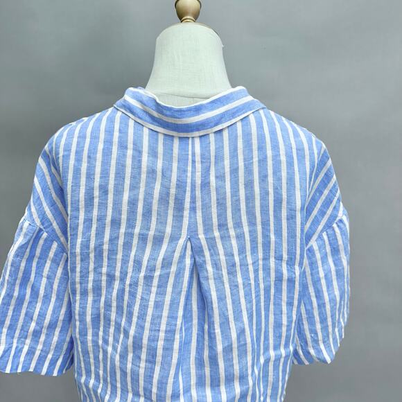 H&M blue striped linen 3/4 sleeve button up cropped top size Small boxy oversize - Picture 10 of 16